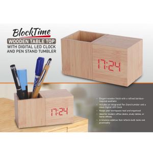 101-A149*Block Time Wooden Table Top With Digital LED Clock And Pen Stand Tumbler