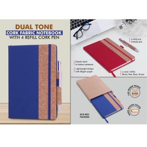 101-B206*Dual Tone Cork Fabric Notebook With Elastic Fastener & 4 Refill Cork Pen