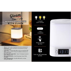 101-E406*Gleam TimeCube: Soft Touch Rechargeable Night Lamp With Clock 
