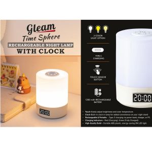 101-E407*Gleam TimeSphere: Soft Touch Rechargeable Night Lamp With Clock 