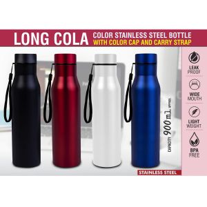 101-H241A*Long Cola Colored Stainless steel bottle  With Colored Cap & Carry strap  Capacity 900ml approx