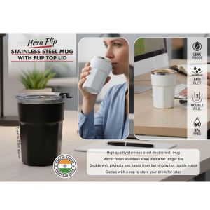 101-H356*Hexa Flip Stainless Steel Mug with Flip Top Lid