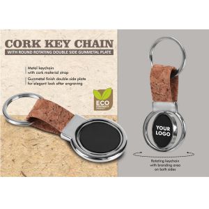 101-J141*Cork Key chain with Round Rotating Double side Gunmetal plate