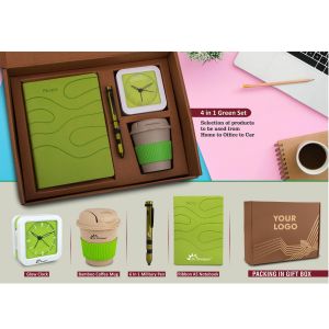 101-Q94*4 in 1 Green set Bamboo coffee mug 6 in 1 military pen Glow Clock and A5 PU notebook in Kraft Gift Box