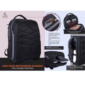 101-S38*Criss Cross Multipurpose Backpack with Double Partition  Hidden phone and Goggle pockets  Separate Shoe Pocket