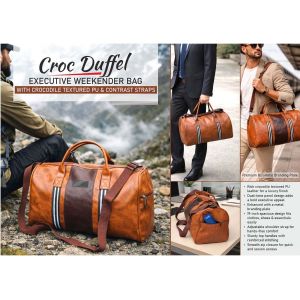 101-S72*Croc Duffel: Executive Weekender Bag with Crocodile Textured PU & Contrast Straps - 19 inch length - Metal Branding plate