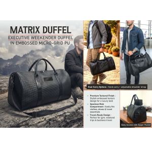 101-S73*Matrix Duffel: Executive Weekender Duffel in Embossed Micro-Grid PU - 19 inch length - Super premium finish - Metal Branding plate