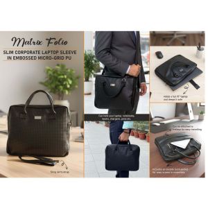 101-S74*Matrix Folio: Slim Corporate Laptop Sleeve in Embossed Micro-Grid PU - Super premium finish - Stroller carry strap - Metal Branding plate